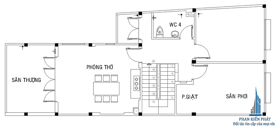 Thiết kế nhà 3 tầng - Mặt bằng lầu 2
