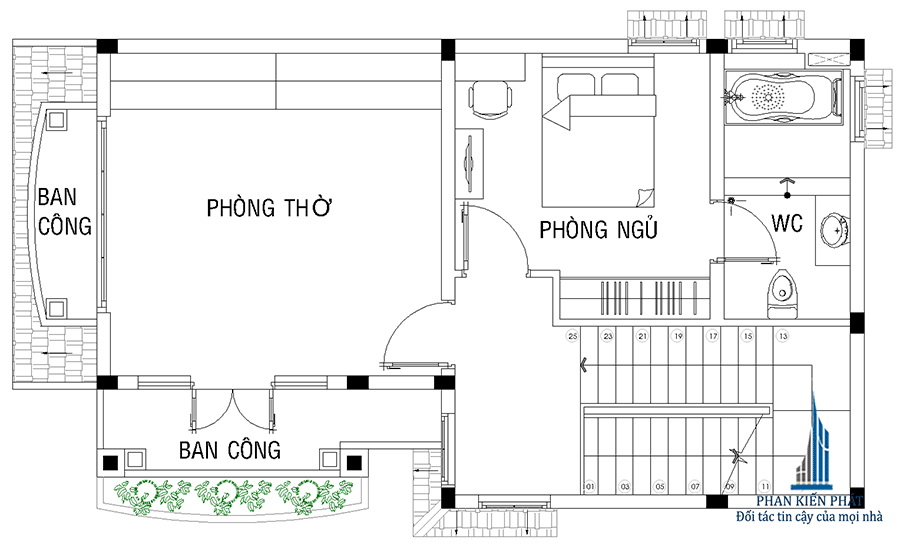 Mặt bằng lầu 2 - thiết kế nhà 3 tầng bán cổ điển